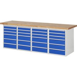 RAU Werkbank Serie 7000, 4 Container, HxBxT 840 x 2.500 x 700 mm, 24 x 90%-Auszug-Schubladen