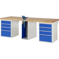 RAU Werkbank Serie 7000, 3 Container, HxBxT 890 x 2.500 x 900 mm, 8 x 90%-Auszug-Schubladen, 1 Schraubstock mittig