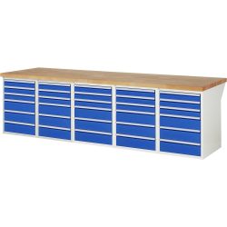 RAU Werkbank Serie 7000, 5 Container, HxBxT 890 x 3.000 x 900 mm, 30 x 90%-Auszug-Schubladen