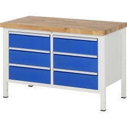 RAU Werkbank Serie 8000, 1 Doppel-Container, HxBxT 840 x 1.250 x 700 mm, 6 x 100%-Auszug-Schubladen 6 x 180 mm, Schubladen-TK 100 kg