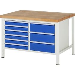 RAU Werkbank Serie 8000, 1 Doppel-Container, HxBxT 840 x 1.250 x 900 mm, 9 x 100%-Auszug-Schubladen 6 x 90, 3 x 180 mm, Schubladen-TK 100 kg
