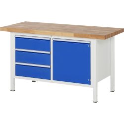 RAU Werkbank Serie 8000, 1 Doppel-Container, 1 Fachboden, 1 Flügeltür, HxBxT 840 x 1.500 x 700 mm, 3 x 90%-Auszug-Schubladen ErgoScript®