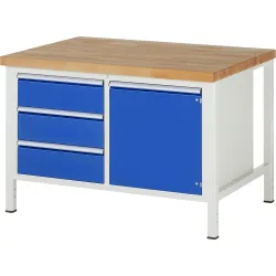 RAU Werkbank Serie 8000, 1 Doppel-Container, 1 Flügeltür, HxBxT 840-1.040 x 1.250 x 900 mm, 3 x 100%-Auszug-Schubladen, ErgoScript®