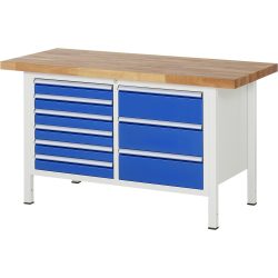 RAU Werkbank Serie 8000, 1 Doppel-Container, HxBxT 840 x 1.500 x 700 mm, 9 x 100%-Auszug-Schubladen 6 x 90, 3 x 180 mm, Schubladen-TK 100 kg