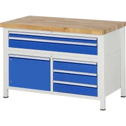 Werkbank Serie 8922, 5 Schubladen, 2 Fachböden mit Tür, höhenverstellbar, B 1250 x T 700 x H