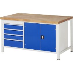 RAU Werkbank Serie 8000, 1 Doppel-Container, 1 Doppel-Flügeltür, HxBxT 840 x 1.500 x 900 mm, 4 x 90%-Auszug-Schubladen