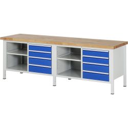 RAU Werkbank Serie 8000, 2 Doppel-Container, 2 Fachböden, HxBxT 840 x 2.500 x 700 mm, 8 x 90%-Auszug-Schubladen