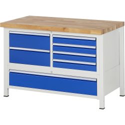 RAU Werkbank Serie 8000, 1 Dreifach-Container, HxBxT 840 x 1.250 x 700 mm, 7 x 90%-Auszug-Schubladen 4 x 90, 3 x 180 mm
