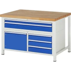 RAU Werkbank Serie 8000, 1 Dreifach-Container, 1 Flügeltür, HxBxT 840-1.040 x 1.250 x 900 mm, 5 x 90%-Auszug-Schubladen, 2 XXL oben