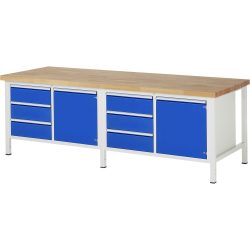 RAU Werkbank Serie 8000, 2 Doppel-Container, 2 Flügeltüren, HxBxT 840-1.040 x 2.500 x 900 mm, 6 x 100%-Auszug-Schubladen