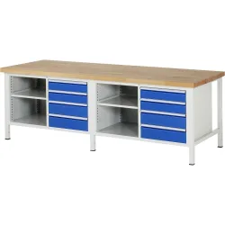 RAU Werkbank Serie 8000, 2 Doppel-Container, 2 Fachböden, HxBxT 840-1.040 x 2.500 x 900 mm, 6 x 90%-Auszug-Schubladen 4 x 120, 4 x 150 mm