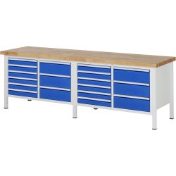 RAU Werkbank Serie 8000, 2 Doppel-Container, HxBxT 840-1.040 x 2.500 x 700 mm, 18 x 90%-Auszug-Schubladen