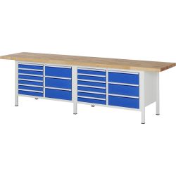 RAU Werkbank Serie 8000, 2 Doppel-Container, HxBxT 840 x 3.000 x 700 mm, 18 x 90%-Auszug-Schubladen