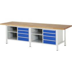 RAU Werkbank Serie 8000, 2 Doppel-Container, 2 Fachböden, HxBxT 840 x 3.000 x 900 mm, 8 x 100%-Auszug-Schubladen