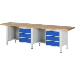 RAU Werkbank Serie 8000, 2 Container, 1 Ablageboden, HxBxT 840-1.040 x 3.000 x 700 mm, 6 x 90%-Auszug-Schubladen