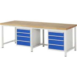 RAU Werkbank Serie 8000, 2 Container, HxBxT 840-1.040 x 2.500 x 900 mm, 8 x 100%-Auszug-Schubladen 4 x 120, 4 x 150 mm