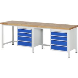RAU Werkbank Serie 8000, 2 Container, HxBxT 840 x 2.500 x 700 mm, 8 x 100%-Auszug-Schubladen 4 x 120, 4 x 150 mm
