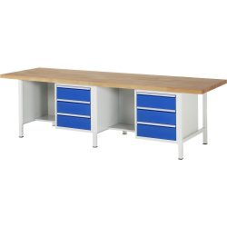 RAU Werkbank Serie 8000, 2 Container, HxBxT 840 x 3.000 x 900 mm, 6 x 90%-Auszug-Schubladen