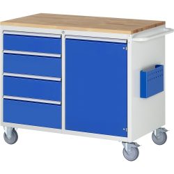 RAU Werkstattwagen Serie 7000, HxBxT 975 x 1.145 x 650 mm, 1 Flügeltür, 4 x 100%-Auszug-Schubladen 1 x 150, 2 x 180, 1 x 210 mm, Arbeitsplatte Buche