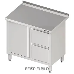 Stalgast Arbeitsschrank mit Flügeltür, 800x700x850 mm, mit 2er Schubladenblock rechts, ohne Aufkantung, verschweisst