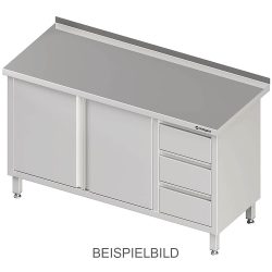 Stalgast Arbeitsschrank mit Flügeltüren, 1900x600x850 mm, mit 3er Schubladenblock links, ohne Aufkantung, verschweisst