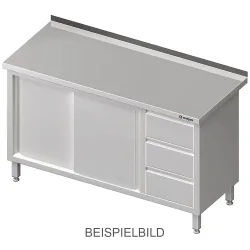 Stalgast Arbeitsschrank mit Schiebetüren, 1400x600x850 mm, mit 3er Schubladenblock links, mit Aufkantung, verschweisst