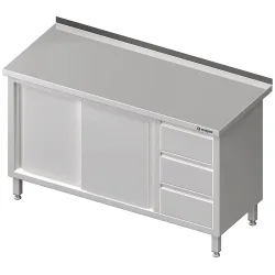 Stalgast Arbeitsschrank mit Schiebetüren, 1700x700x850 mm, mit 3er Schubladenblock rechts, mit Aufkantung, verschweisst