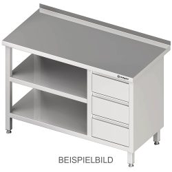 Stalgast Arbeitstisch mit Grund- und Zwischenboden, 1300x600x850 mm, mit 3er Schubladenblock rechts, ohne Aufkantung, verschweisst