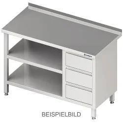 Stalgast Arbeitstisch mit Grund- und Zwischenboden, 2600x600x850 mm, mit 3er Schubladenblock links, ohne Aufkantung, verschweisst
