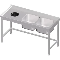 Stalgast Spültisch ohne Grundboden, mit Abfallloch, 1600x600x850 mm, mit zwei Becken rechts, mit Aufkantung, verschweisst