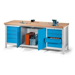 PAVOY Werkbank mit 2 Schubladenblöcken + Schrank, HxBxT 900 x 2.000 x 700 mm, anthrazitgrau, lichtblau
