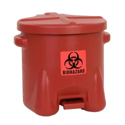 PE-Sicherheits-Entsorgungsbehälter für biogefährliche Abfälle, BIOHAZARD-Aufkleber, Volumen 53 l, mit Pedal, rot, ab 5 Stk Justrite