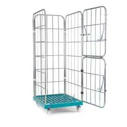 Ameise® Rollbehälter, 4-seitig, grobmaschig, galvanisch verzinkt, Kunststoff-Rollplatte, HxBxT 1.830 x 724 x 815 mm, mit zweiteiliger, klappbarer Vorderwand