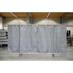 Mobile Schutzstellwand mit Schwenkarmen, Hitzeschutz-/Spritzerschutzdecke gemäss DIN EN 13501-1, 3-tlg., Lamellen 2 mm, grau/silber