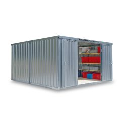 FLADAFI® Materialcontainer-Kombination, zerlegt, 18 m², ohne Boden, HxBxT 2.115 x 3.050 x 6.520 mm, Doppelflügeltür (asymmetrische Teilung), mittig in Stirnseite