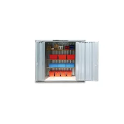 FLADAFI® Materialcontainer, verzinkt, montiert, XL 6 m², mit Holzfussboden, HxBxT 2.532 x 3.020 x 2.170 mm, Doppelflügeltür (asymmetrische Teilung), mittig in Breitseite