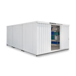 FLADAFI® Materialcontainer-Kombination, isoliert, 25 m², mit isoliertem Boden, HxBxT 2.500 x 4.050 x 6.520 mm, Einzelflügeltür, mittig in Stirnseite