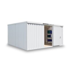 FLADAFI® Materialcontainer-Kombination, isoliert, 30 m², mit Holzfussboden, HxBxT 2.405 x 5.080 x 6.520 mm, Einzelflügeltür, mittig in Stirnseite