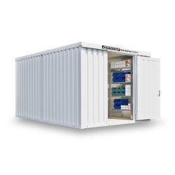 FLADAFI® Materialcontainer-Kombination, isoliert, 12 m², mit Holzfussboden, HxBxT 2.405 x 3.050 x 4.340 mm, Doppelflügeltür (asymmetrische Teilung), mittig in Stirnseite, Zusatztür