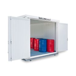 SAFE Tank Gefahrstoffcontainer 1900 WGK, isoliert, montiert, kunststoffbeschichtet RAL 9002, Masse aussen 6080x2170x2560 mm, Einzelflügeltür, mittig in Stirnseite, Lagerfläche 11 m²