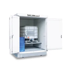 SAFE Tank Gefahrstoffcontainer 400 KTC WGK, isoliert, montiert, kunststoffbeschichtet RAL 9002, Masse aussen 2100x2170x2650 mm, Doppelflügeltür (asymmetrische Teilung), mittig in Stirnseite, Lagerfläche 4 m²
