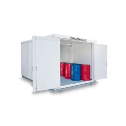 SAFE Tank Gefahrstoffcontainer Kombination 2500 WGK 1-3, isoliert, vormontiert, kunststoffbeschichtet RAL 9002, Masse aussen 4050x4340x2510 mm, Doppelflügeltür (asymmetrische Teilung), mittig in Stirnseite, Lagerfläche 16 m²