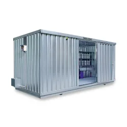 SAFE Tank Gefahrstoffcontainer 1700 ECO, energieeffizient durch bedarfsgerechte Lüftersteuerung, Masse aussen 5380x2170x2300 mm, Einzelflügeltür, mittig in Breitseite, Lagerfläche 10 m²