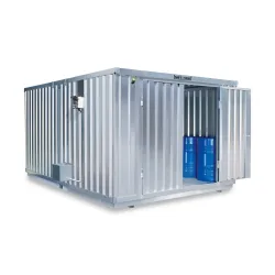SAFE Tank Gefahrstoffcontainer Kombination 2000 ECO, energieeffizient durch bedarfsgerechte Lüftersteuerung, Masse aussen 3350x4340x2310 mm, Doppelflügeltür (asymmetrische Teilung), mittig in der kurzen Seite, Lagerfläche 12 m²