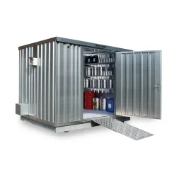SAFE Tank Gefahrstoffcontainer 1000 ECO, energieeffizient durch bedarfsgerechte Lüftersteuerung, Masse aussen 3350x2170x2310 mm, Einzelflügeltür, mittig in Breitseite, Lagerfläche 6 m²