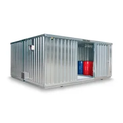 SAFE Tank Gefahrstoffcontainer Kombination 4000 ECO, energieeffizient durch bedarfsgerechte Lüftersteuerung, Masse aussen 5380x4340x2300 mm, Einzelflügeltür, mittig im Modul, Lagerfläche 12 m²