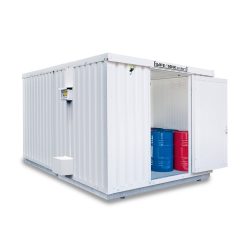 SAFE Tank Gefahrstoffcontainer 300 ECO, isoliert, energieeffizient durch bedarfsgerechte Lüftersteuerung, Masse aussen 2100x1440x2520 mm, Einzelflügeltür, mittig in Breitseite, Lagerfläche 2 m²