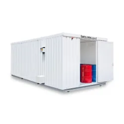 SAFE Tank Gefahrstoffcontainer Kombination 2000 ALG, isoliert, vormontiert, kunststoffbeschichtet RAL 9002, Masse aussen 3350x4340x2560 mm, Doppelflügeltür (asymmetrische Teilung), mittig in Stirnseite, Zusatztür, Lagerfläche 11 m²