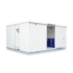 SAFE Tank Gefahrstoffcontainer Kombination 4000 ALG, isoliert, vormontiert, kunststoffbeschichtet RAL 9002, Masse aussen 5380x4340x2520 mm, Doppelflügeltür (asymmetrische Teilung), mittig in Breitseite, Zusatztür, Lagerfläche 20 m²