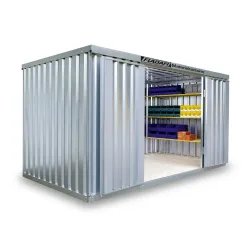 FLADAFI® Materialcontainer, verzinkt, zerlegt, 8 m², mit Holzfussboden, HxBxT 2.150 x 4.050 x 2.170 mm, Einzelflügeltür, mittig in Stirnseite